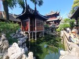 Traditional Chinese pavilions with ornately carved roofs and a pond in front – captured during Jan Wengryn’s visit to the Yu Garden in Shanghai.