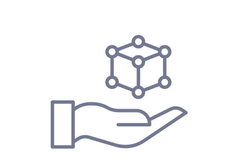 Symbol graphic of a hand holding a networked 3D model - stands for innovation, development and prototyping in toolmaking at weba.