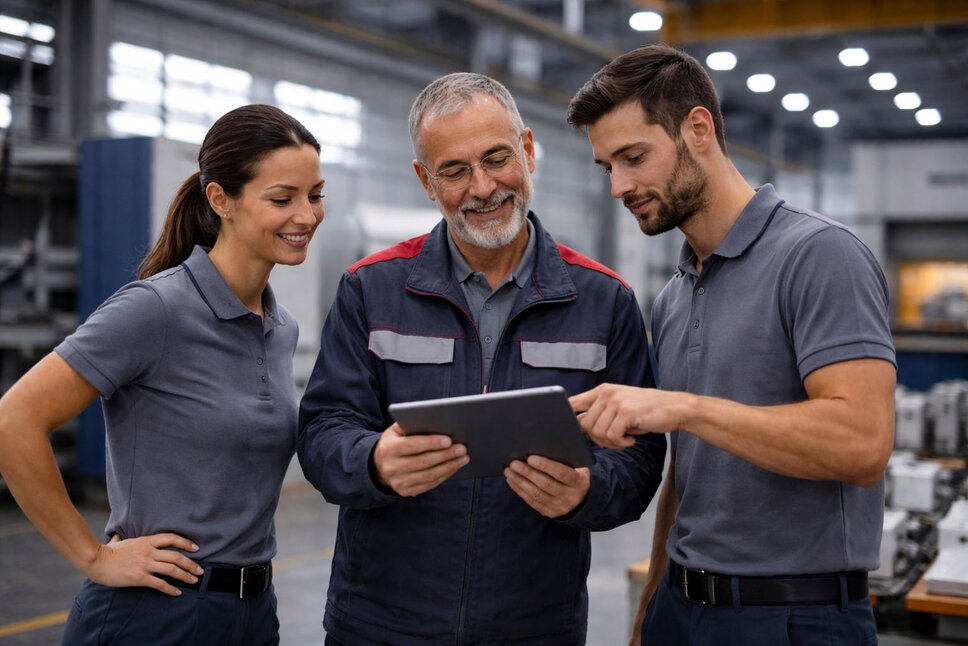 Employees in discussion in an industrial production hall with large machines