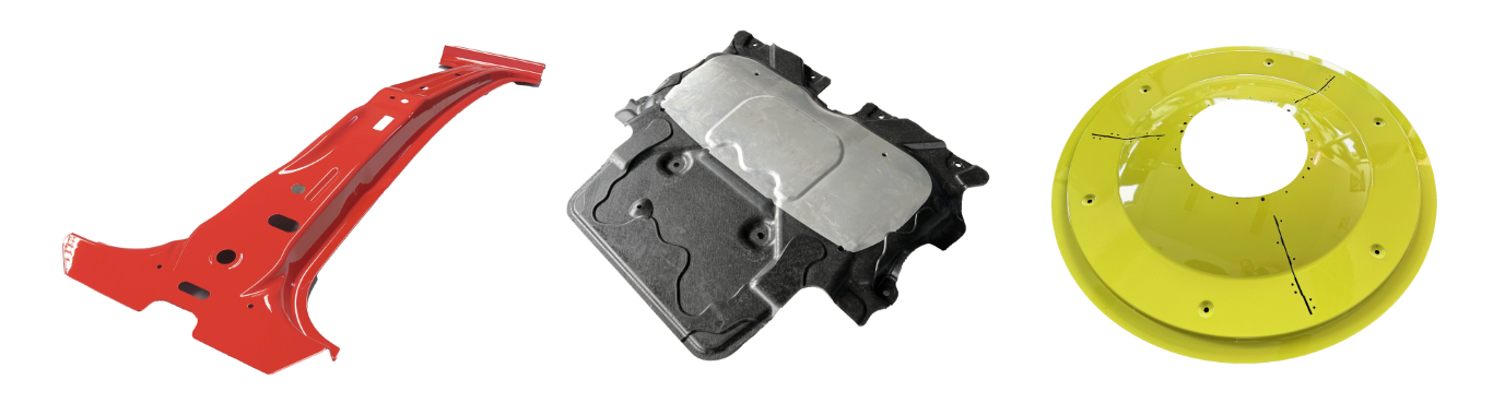 The image showcases three high-quality prototypes manufactured by weba Germany. On the left, a red-painted structural component with complex geometry; in the center, a hybrid part made of plastic and metal designed for lightweight applications; and on the right, a yellow, precisely manufactured metal component featuring drill holes and markings. These components demonstrate weba Germany’s innovation and manufacturing expertise in prototype development for the automotive, agricultural, and defense industries.