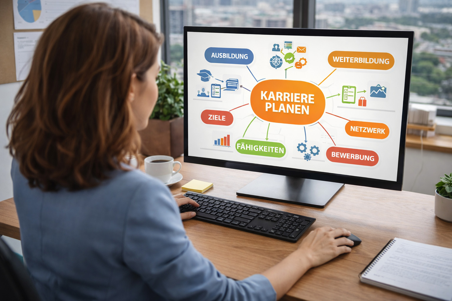 Woman sitting at a desk in an office, working on a computer on a mind map for career planning with topics such as education, goals, network, and skills